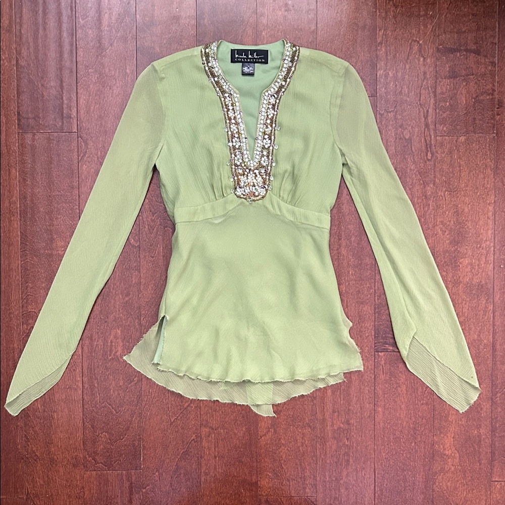 Nicole Miller Light Green Long Sleeve Blouse with Beaded Plunge Neck